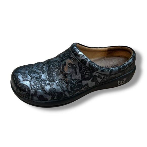 Alegria KAY Clogs Mules Skulls Roses Comfort Leather Black Silver EU39 US 8.5/9 - Picture 1 of 15